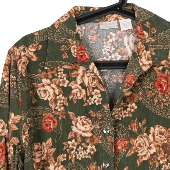 Erika Y2K Corduroy Button Up Shirt XL Green Floral 90s Paisley VNeck Grunge - Picture 2 of 5